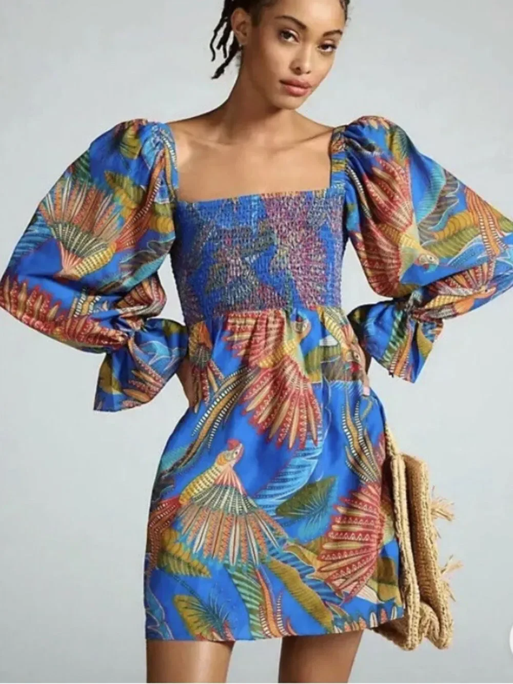 FARM Rio Macaw Flight Mini Dress featuring a smocked bodice size extra small